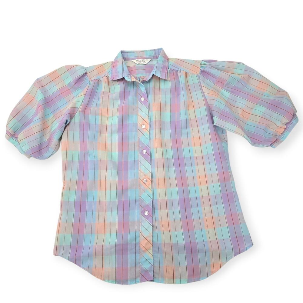 80s Cheryl Tiegs Pastel Plaid Blouse Top Puff Sleeve Vintage Preppy Size 12